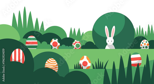 easter egg hunt illustration with a cute white rabbit and colorful eggs hidden in a vibrant green spring nature landscape.