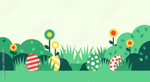 easter eggs hidden in a vibrant spring nature scene a colorful graphic design for an easter egg hunt or festive celebration.