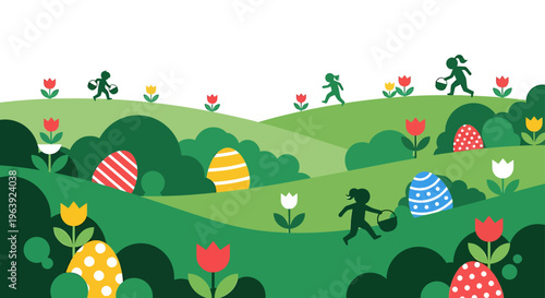 kids enjoying an easter egg hunt across vibrant green hills collecting colorful decorated eggs amongst spring tulips a festive holiday illustration.