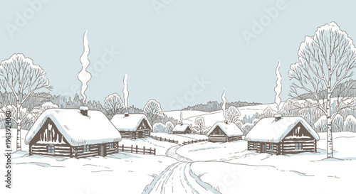 Winter Village Landscape with Log Cabins and Snow