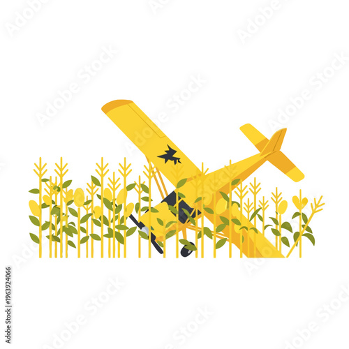 airplane crash in a corn field a yellow biplane suffered an emergency landing depicting an unexpected plane accident in a rural scene.