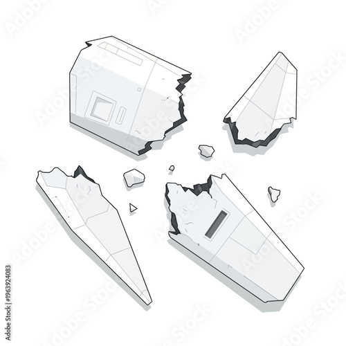 broken spacecraft pieces vector illustration depicting sci-fi wreckage destroyed drone fragments and technology crash concept for disaster themes.