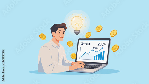 Man using laptop with growth chart