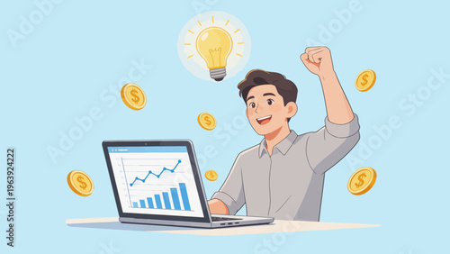 Man celebrating business success with laptop