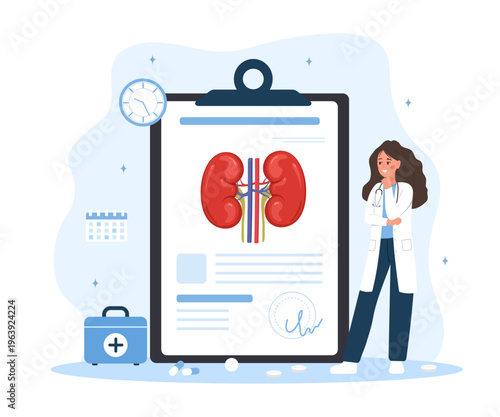 Kidney disease. Treatment and diagnosis concept. Internal organ anatomy for health care banner. Medical vector illustration flat cartoon style.