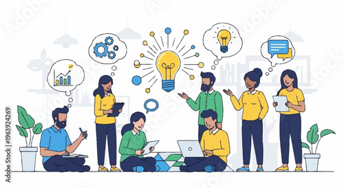 Collaborative brainstorming session with diverse team generating innovative ideas.