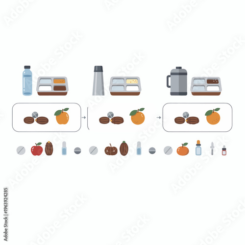 Daily medications and healthy food in pill organizers for a healthy life