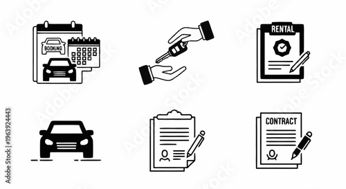 Car Rental Process Icons - Booking, Key Exchange, Contract, and Vehicle.