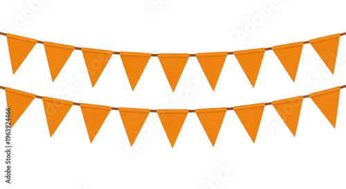 Orange triangular bunting flags hanging on a rope isolated on transparent background
