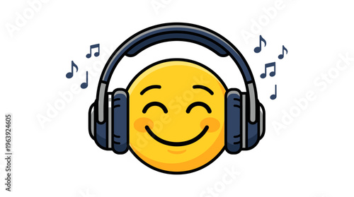 Happy emoji listening to music with headphones