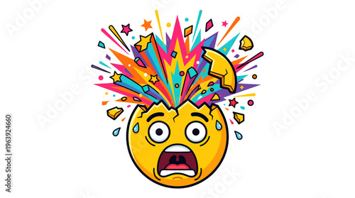 Exploding head emoji bursting with colorful thoughts showing information overload
