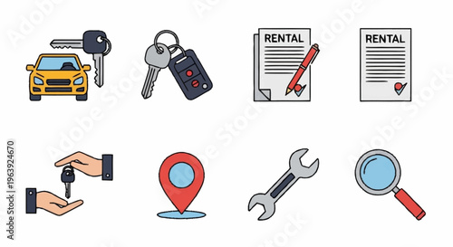 Car Rental Service Icons - Keys, Contract, Location, and Maintenance.