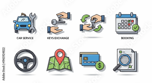Car Rental Services Icons - Car Service, Keys Exchange, Insurance, Booking, Steering Wheel, Map, Credit Card, and Contract.