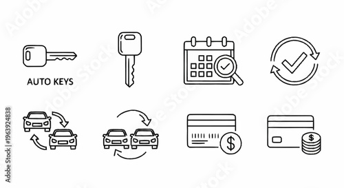 Car Rental Services Icons - Keys, Calendar, Payment, and Car Exchange.