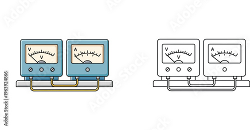 Voltmeter and Ammeter Analog Gauges Vector Illustration in Colored and Outline Styles for Electrical Engineering, Physics Education, Laboratory Research, and Industrial Measurement
