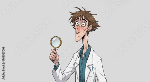 Cartoon Scientist Inspecting with Magnifying Glass in Lab Coat.