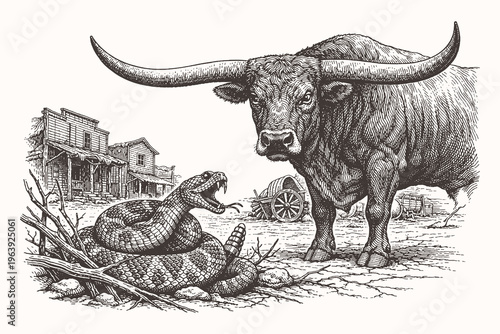Tableau sur toile Classic wild west vintage engraving vector illustration of a longhorn bull facing off against a rattlesnake in a ghost town desert setting with woodcut art