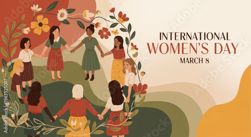 Celebrating International Womens Day - A Circle of Diverse Women and Floral Accents.