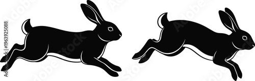 Silhouette of two rabbits leaping in motion, animal wildlife icons nature design agility speed illustration