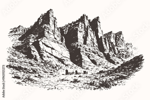 Fotografi Detailed vintage woodcut vector illustration of a rugged mountain range with deep canyons and rocky peaks in a classic black and white engraving style