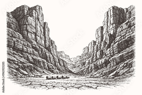 Professional vintage engraving vector illustration of a massive deep canyon gorge with layered rock formations and a desert floor in woodcut style art.