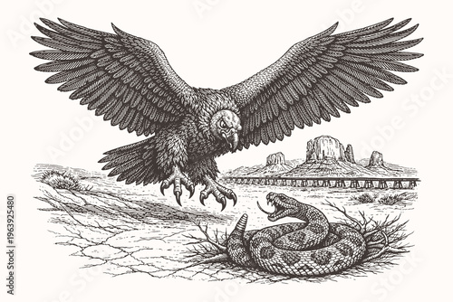 Dramatic vintage engraving vector illustration of a scavenger vulture swooping down to attack a coiled rattlesnake in a classic wild west desert landscape.