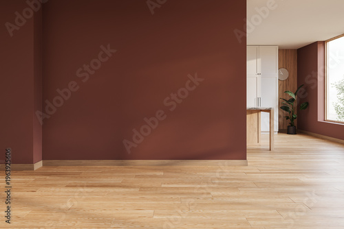 empty interior with wooden floor and open kitchen in warm natural light, 3D render