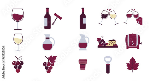 Set of Wine and Vineyard Icons in Flat Design