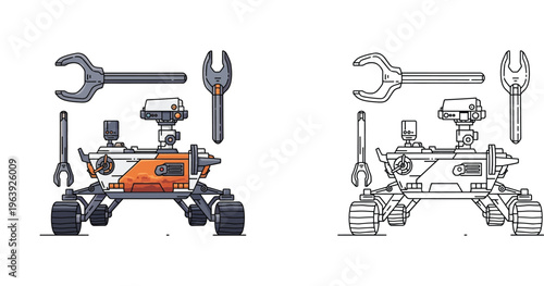 Mars Rover Robotic Vehicle Illustration with Wrenches for Maintenance and Repair, Space Exploration Vector Set in Colored and Line Art Styles for Science and Technology Projects