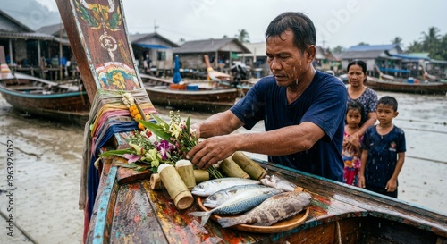 Southern Thai Fisherman Preparing Boat Offering Ritual in Rainy Coastal Village