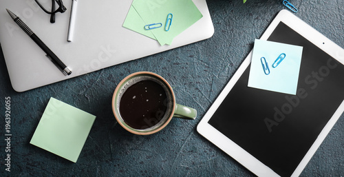 Cup of coffee with laptop, ...