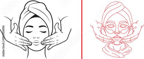Minimalist vector line icons of a woman with a head towel receiving a professional facial massage. Perfect for representing skincare, spa treatments, and aesthetic beauty procedures in black and red.