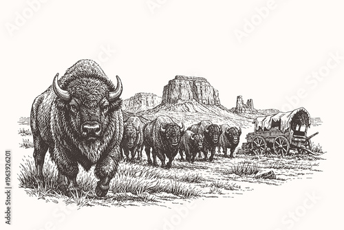 Vintage engraving vector illustration of a powerful American bison herd with a wooden wagon and desert mesas in a classic wild west landscape.