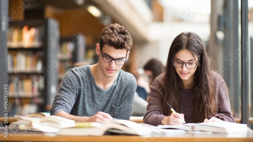 Wallpaper Mural Two Focused Students Studying Together in Library, Engaged in Research and Reading Books Torontodigital.ca