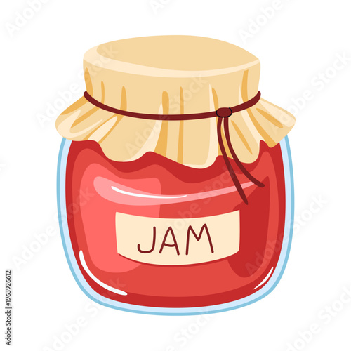 Homemade fruit jam. Glass jar closed with a fabric lid, tied with a ribbon. Red apple marmalade