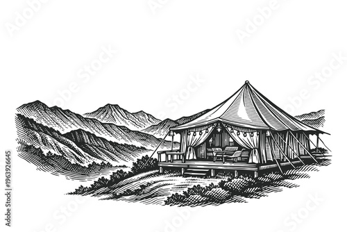 Vintage engraving vector illustration of a luxury glamping tent set against a majestic mountain landscape background for outdoor travel and camping designs.