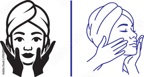 Minimalist line art vector of a woman with a head towel receiving a facial treatment. Elegant black and blue illustrations for beauty salons, skincare routines, and wellness branding.