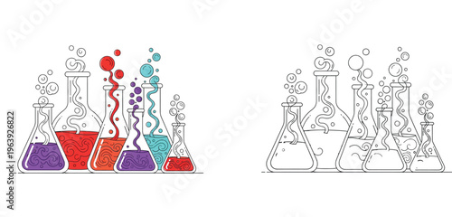 Laboratory Flasks Set with Colorful Bubbling Liquids and Outline Designs for Chemistry Education, Scientific Research, Medical Lab Analysis, and STEM Projects Illustration