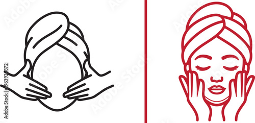 Minimalist vector line icons of a woman with a towel on her head performing facial care. These symbols represent skincare, spa treatments, massage, and beauty routines in black and red.