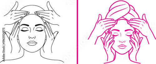 Minimalist line art vector of a woman receiving a facial massage. Elegant black and magenta illustrations ideal for professional beauty, skincare, and wellness branding.