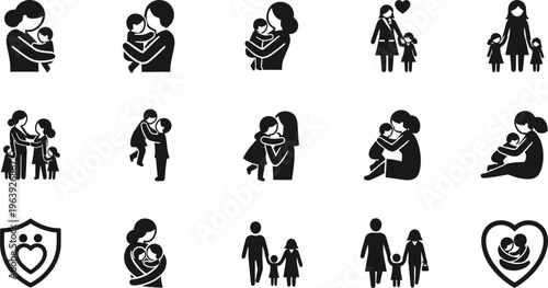 Mother and Child Bonding Icons Family Love and Protection Symbols illustration vector