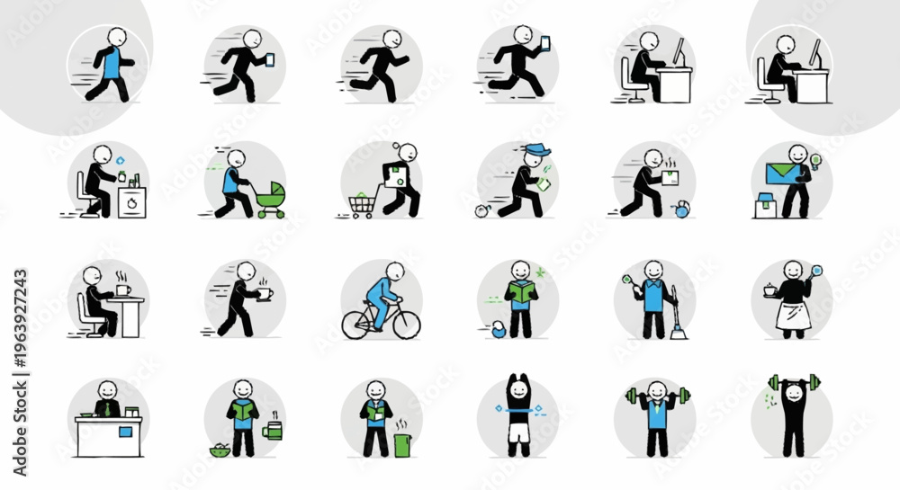 Fototapeta premium Collection of stick figure illustrations depicting various daily activities.