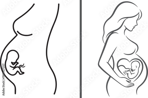 Minimalist vector line art of a pregnant woman with a fetus in the womb. This design symbolizes pregnancy, motherhood, and prenatal care, perfect for health and maternity branding.