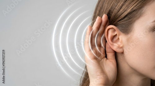 Woman holding hand near ear with visible sound wave graphics on a clean background, illustrating hearing sensitivity, auditory awareness, and sound perception in a modern conceptual setup.