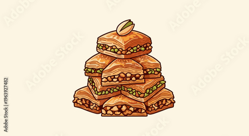 A pixel art stack of sweet pastries with nuts and pistachios