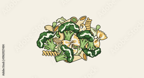 A pixel art pile of assorted pasta shapes and broccoli florets