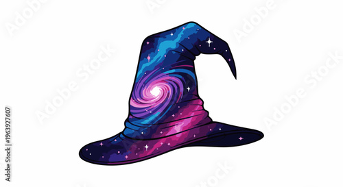 A pixelated conical hat features a vibrant swirling galaxy pattern