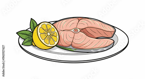 A raw salmon steak with lemon and leaves on a white plate