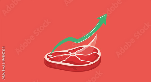 A raw steak with a green arrow indicating upward growth against a red background