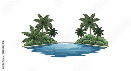 A pixelated illustration of a rectangular swimming pool surrounded by lush greenery and palm trees